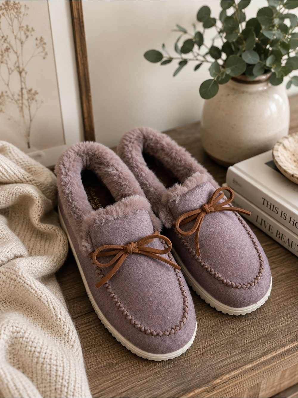 Skechers Women's Slip-On Moccasins in Mauve with Brown Bow